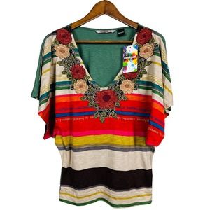 NWOT - Desigual Striped Batwing Blouse Embroidered Floral Neckline - S